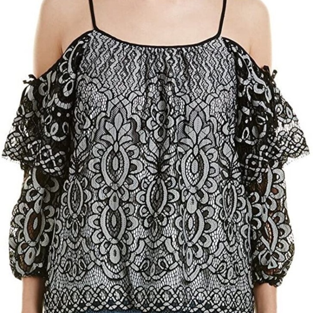 Parker black and white lace off the shoulder long sleeve blouse size xs